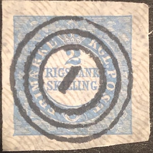 Imperforate 1851 Denmark stamp 2rs royal emblem black cancellation..