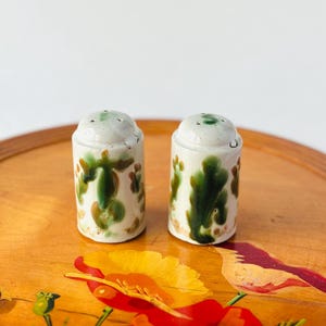 May include: A pair of ceramic salt and pepper shakers with a white base and green and brown abstract design. The shakers sit on a wooden tray with painted red and yellow flowers.