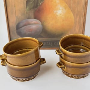 Set of 4 Vintage MCM Czechoslovakia Pottery Brown Glazed Soup Bowl With Handles