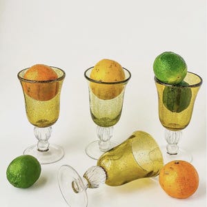 Set of 4 Water Goblet Bubble Seeded Amber Citrine Glass Wine Hand Blown ARTLAND