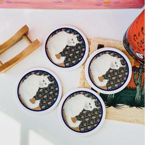 1987 Vintage Set of 4 Hallmark Cat Ceramic Cork Back Coasters with Wooden Holder