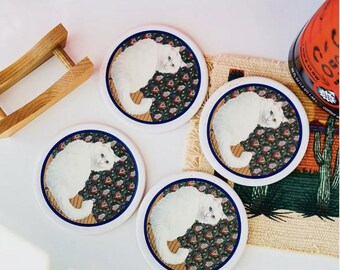 1987 Vintage Set of 4 Hallmark Cat Ceramic Cork Back Coasters with Wooden Holder