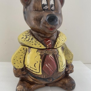 Vintage Limited Cute Yellow Suit Red Tie Teddy Bear Brown Ceramic Cookie Jar Made USA 12&quot; Tall