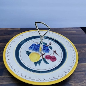 Vintage Stangl &quot;Fruit&quot; Pottery Dessert Cake Stand Plate Peach Cherry Grapes Pear