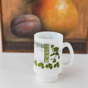 Vintage Milk Glass Irish Coffee Mug Pedestal Green Shamrock St. Patrick&#39;s Day
