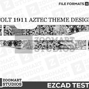 May include: Black and white digital design for a Colt 1911 pistol featuring an Aztec theme. The design includes intricate patterns and symbols, including a stylized eagle and a human face. The text "COLT 1911 AZTEC THEME DESIGN" is displayed at the top of the image.