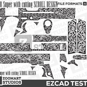 Puede incluir: Un archivo de diseño digital para una pistola Colt .38 Super con un diseño de desplazamiento. El diseño es en blanco y negro y presenta intrincados patrones florales. El archivo está disponible en formatos AI, SVG y PNG. El diseño está probado para su uso con el software EZCAD.