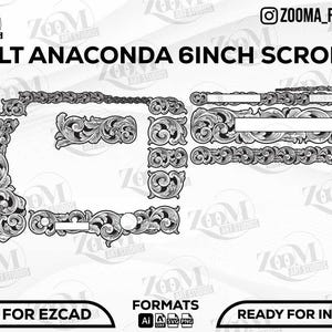 May include: Black and white scroll designs for a Colt Anaconda 6-inch firearm. The image includes various decorative elements, such as floral patterns and scrollwork, with the text "COLT ANACONDA 6INCH SCROLL". Formats include Ai, DXF, SVG, and PNG.