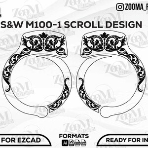 Może przedstawiać: Czarno-biały wzór przewijania dla S&W M100-1. Projekt zawiera bogate wzory kwiatowe. Obraz zawiera tekst "S&W M100-1 SCROLL DESIGN", "READY FOR EZCAD" i "READY FOR INKSPACE". Obraz zawiera również tekst "ZOOMA_RTSTUDIO".