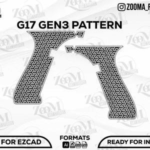 Puede incluir: Diseño gráfico en blanco y negro de un patrón G17 Gen3 con un diseño geométrico repetitivo. La imagen incluye el texto "G17 GEN3 PATTERN", "READY FOR EZCAD" y "READY FOR INKSPACE". El logotipo de Zoom Art Studios también está presente.