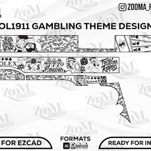 Puede incluir: Diseño en blanco y negro con temática de juego con el texto "COL1911 GAMBLING THEME DESIGN". El diseño incluye ilustraciones de dinero, naipes, dados y los textos "Fuck the Rules", "Casino" y "Lucky".