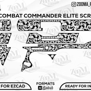 Könnte beinhalten: Schwarz-weiß Grafikdesign eines 1911 Combat Commander Elite Scroll. Das Design zeigt kunstvolle florale Rankenmuster. Das Bild enthält den Text "READY FOR EZCAD" und "READY FOR INKSPACE".
