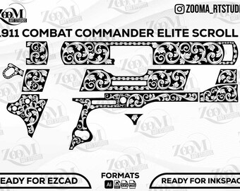 1911 Combat Commander Elite Scroll Design Svg,lasercut,laserengraving,engravingfiles,laserpattern,engravingdesign,engravingpattern,metalart