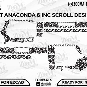 Può includere: Elementi di design a scorrimento neri per Colt Anaconda 15,24 cm. Il design include vari motivi floreali e ornamentali. L'immagine include anche il testo "COLT ANACONDA 6 INC SCROLL DESIGN", "READY FOR EZCAD" e "READY FOR INKSPACE".