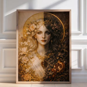 Persephone Wall Art Print, poster Griekse godin, koningin van de onderwereld, dubbele godin kunst, decor granaatappelmythologie, donkere vrouwelijke kunst afbeelding 1