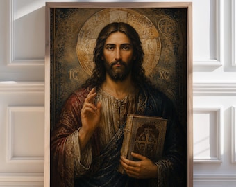 Jesus Pantocrator Wall Art Print, Byzantine Christ Icon, Orthodox Christian Artwork, Sacred Jesus Portrait, Catholic Devotional Wall Decor
