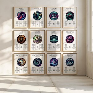 Set of 12 Zodiac Poster Bundle, Printable Astrology Wall Art, All 12 Zodiac Signs, Celestial Decor, Astrology Gift Set