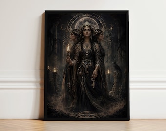 Hecate Wall Art Print, decor donkere godin, drievoudige maangodin kunst, hekserij mythologie kunst, heilig vrouwelijk gotisch decor, maanpriesteres kunst