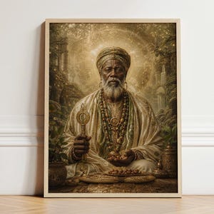 May include: A framed wall art print depicting an elderly person with a beard and turban, wearing layered cream and gold robes with beaded necklaces. The figure holds a golden staff and sits amidst a golden, glowing forest setting with ornate vessels.