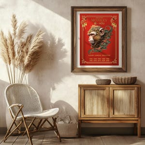 Chinese Zodiac Wall Art Posters, Chinese Zodiac Year of the Monkey, Red and Gold Decor, Lunar New Year Printable Gift, Asian Zodiac Animal