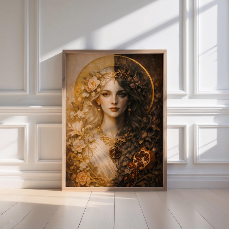 Persephone Wall Art Print, poster Griekse godin, koningin van de onderwereld, dubbele godin kunst, decor granaatappelmythologie, donkere vrouwelijke kunst afbeelding 1