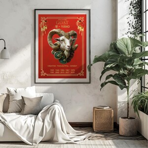 Chinese Zodiac Wall Art Posters, Chinese Zodiac Year of the Goat, Red and Gold Decor, Lunar New Year Printable Gift, Asian Zodiac Animal