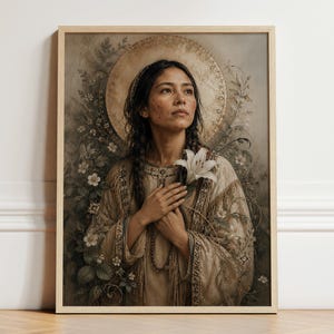 May include: A framed wall art print featuring a portrait of a person with braided hair, wearing a beige tunic with fringe details. The person holds a white lily against their chest, set against a background of botanical illustrations and a golden halo.