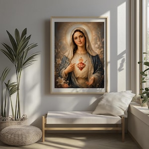 May include: A framed wall art print depicting the Immaculate Heart of Mary. The figure wears a white head covering and a blue cloak over a white garment, with a glowing, floral-adorned heart featuring a small cross and sword at the center.