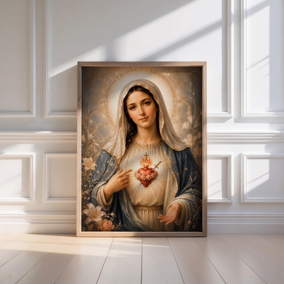 Immaculate Heart of Mary Wall Art Print, Virgin Mary Catholic Decor, Marian Religious Art, Sacred Heart Artwork, Christian Prayer Room Decor