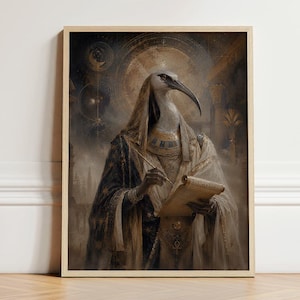 May include: Framed artwork featuring a bird-headed figure in ancient Egyptian attire, holding a scroll and pen. The figure is draped in ornate robes with gold accents, set against a backdrop of celestial and architectural elements. The artwork is in a wooden frame.