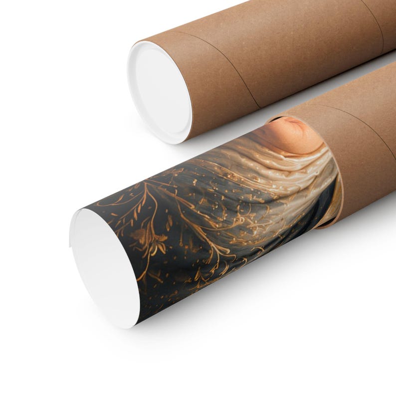 May include: A rolled poster print featuring a dark black background with intricate gold floral and vine patterns, transitioning into soft cream and beige fabric-like folds. The print is partially encased in a cylindrical brown cardboard tube.
