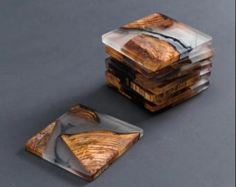Handcrafted Cedar Wood Resin Coasters | Modern Drink Coasters, Set of 6