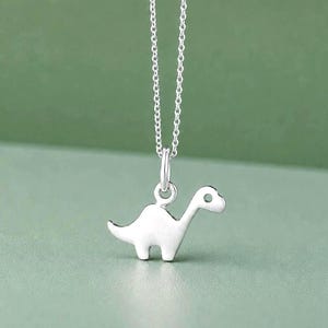 Puede incluir: Un collar de color plateado con un pequeño colgante plano en forma de dinosaurio. El colgante cuelga de una cadena fina y delicada de color plateado. El diseño del dinosaurio es sencillo y liso, con un pequeño recorte circular para el ojo.