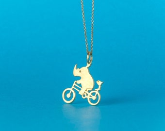 Rhino and Tiny Bird on Bicycle Necklace / Cute Solid Gold Pendant / Unique Charm