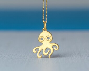 Octopus Necklace Solid Gold / 14k squid pendant / Calamari Charm / Sea Animal Jewelry