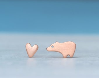 Bear and Heart Earrings / sterling silver animal stud earrings / mismatched jewelry
