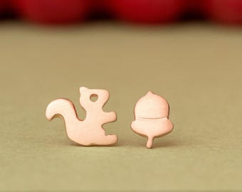 Acorn and Squirrel Earrings / Sterling Silver Cute Studs Pair / Fun Gift for Children