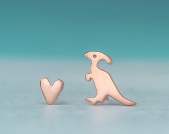 Sterling Silver Dinosaur and Heart Earrings / Parasaurolophus Love / Valentines Day Gift