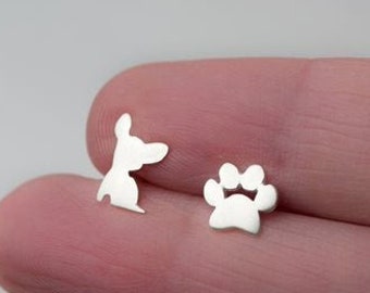 Tiny Chihuahua and Paw Print Earring Set / Cute Mismatched Studs in Sterling Silver