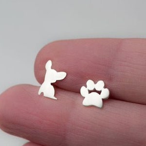 Tiny Chihuahua and Paw Print Earring Set / Cute Mismatched Studs in Sterling Silver