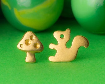 Squirrel and Mushroom Earrings /Mismatched Sterling Silver Studs / Cute Woodland Jewelry