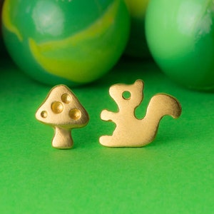 Squirrel and Mushroom Earrings /Mismatched Sterling Silver Studs / Cute Woodland Jewelry