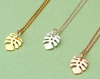 Solid gold Monstera Necklace / Tiny Tropical Leaf / Rose Gold White Dainty Jewelry