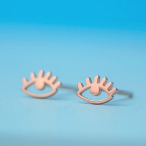 Tiny Solid Gold Evil Eye Stud Earrings 14k dainty Eyelashes rose white yellow Christmas Gift Mom gift for her protection every day earrings