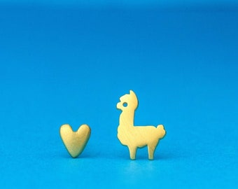 Solid Gold Tiny Alpaca and Heart Earrings / Rose or Yellow or White  / Valentine Cute Gift