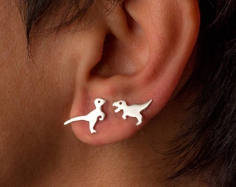 Mismatched dinosaur earrings /  Sterling Silver T rex Velociraptor Studs / Gift for her him