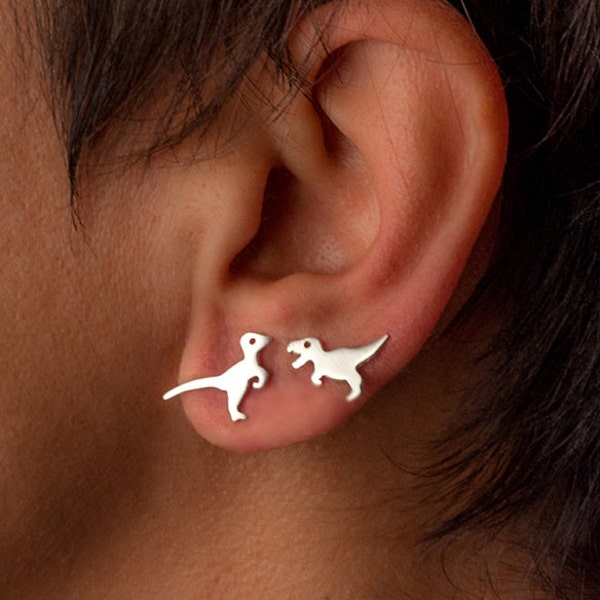 Mismatched dinosaur earrings /  Sterling Silver T rex Velociraptor Studs / Gift for her him