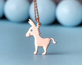 Solid Gold Donkey Necklace, Farm Animal Pendant, 14k  9k 18k, quirky charm