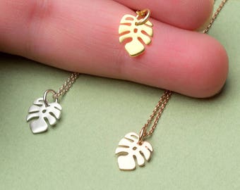 Tiny Leaf Necklace in Sterling Silver / Monstera Tropical Pendant / Plant Lover Gift / Palm charm