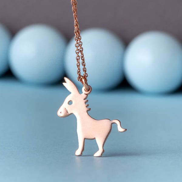 Solid Gold Donkey Necklace, Farm Animal Pendant, 14k  9k 18k, quirky charm